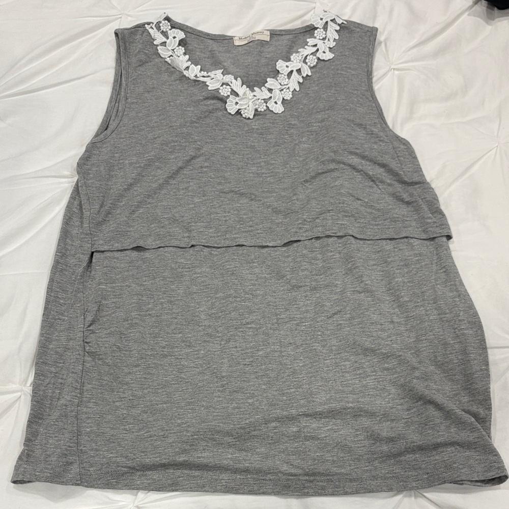 Chic Gray Tank Top Maternity & Nursing with White Floral Trim